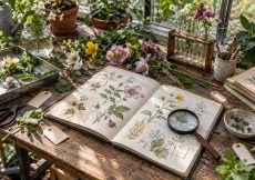 Flores frescas junto a una lupa y un cuaderno de observación botánica