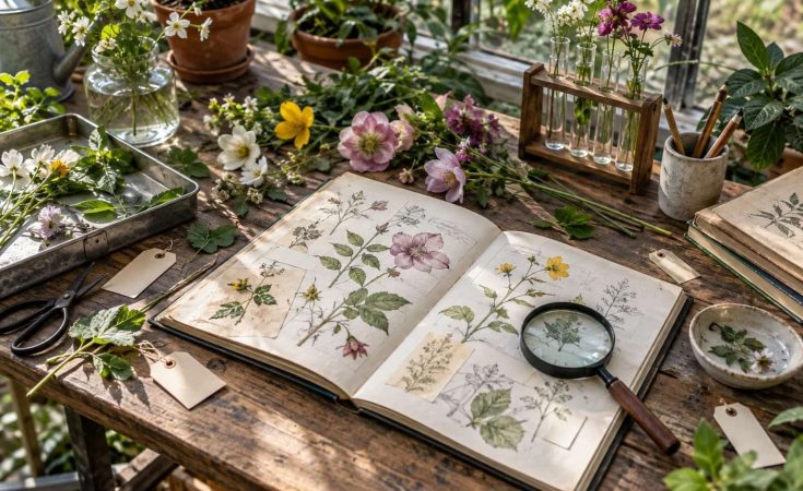 Flores frescas junto a una lupa y un cuaderno de observación botánica