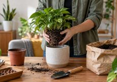 Trasplante de una planta de interior sobre mesa de trabajo