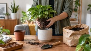 Trasplante de una planta de interior sobre mesa de trabajo