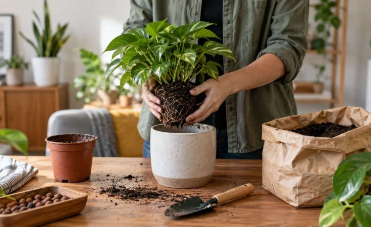 Trasplante de una planta de interior sobre mesa de trabajo