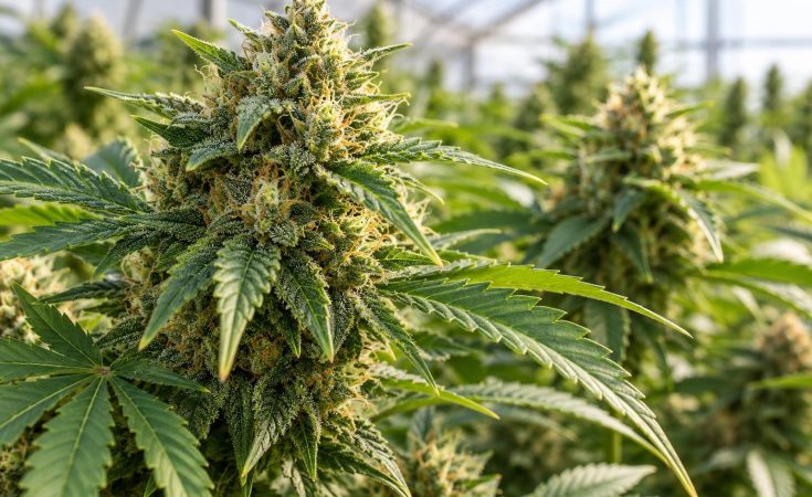 Inflorescencias de cannabis en un invernadero