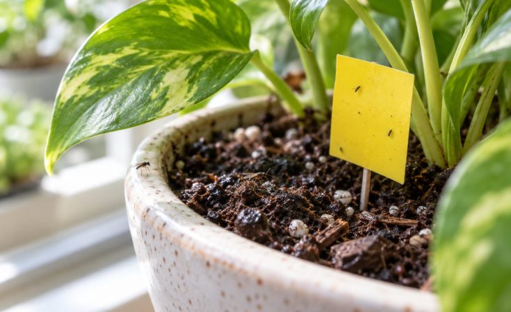 Superficie húmeda del sustrato de un poto con pequeños insectos y una tarjeta adhesiva amarilla de seguimiento